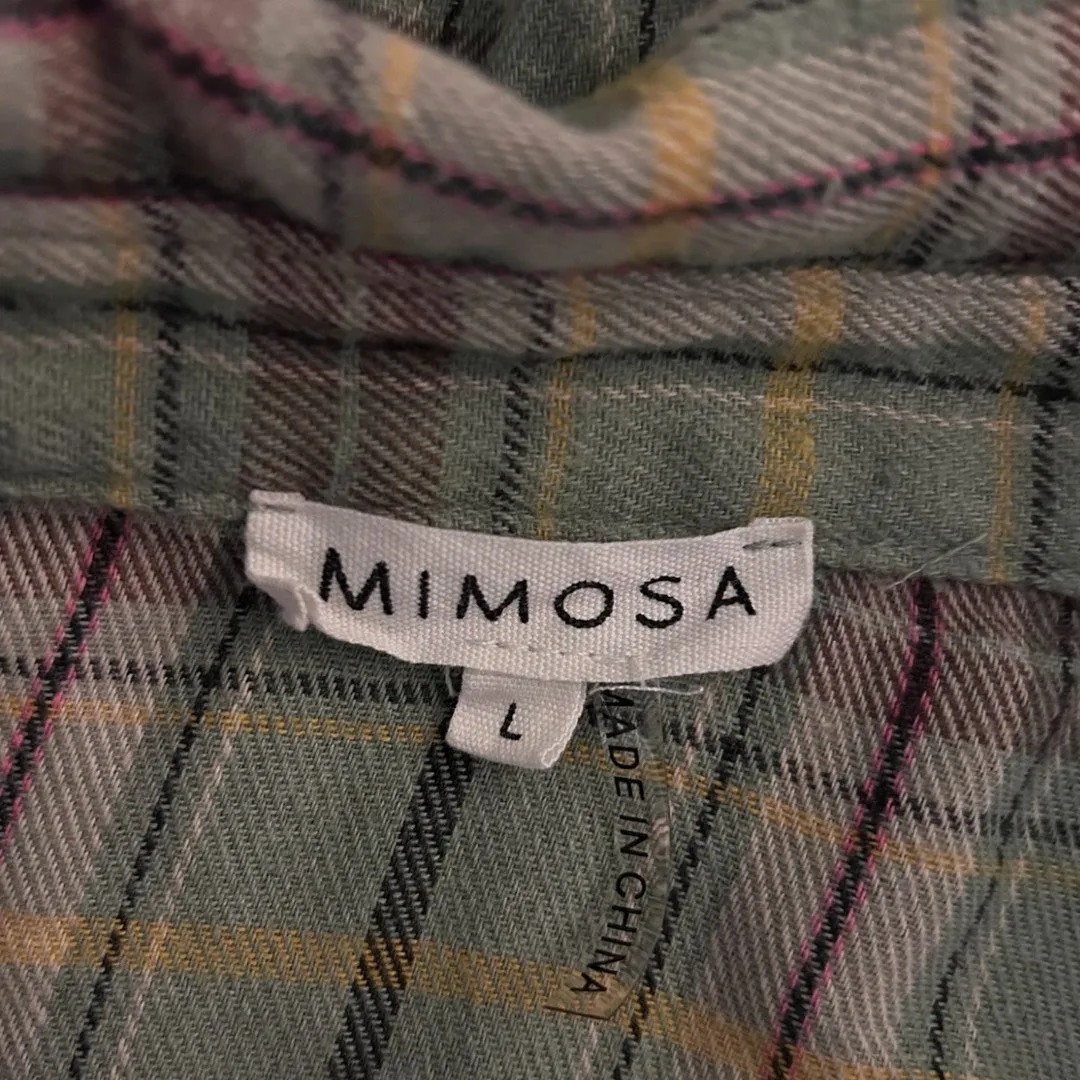 Sage Green Plaid Cropped Button-Up Flannel Shirt Long Sleeve