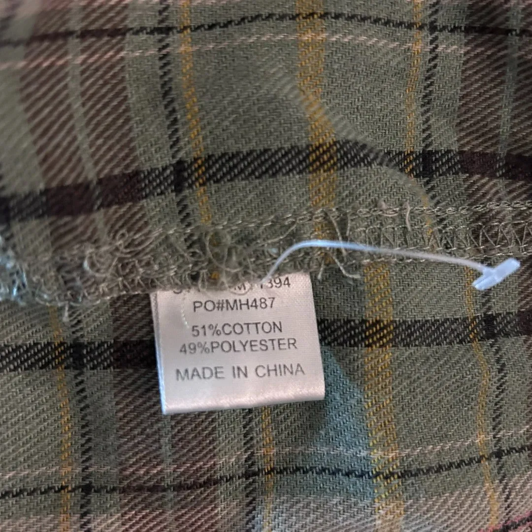 Sage Green Plaid Cropped Button-Up Flannel Shirt Long Sleeve