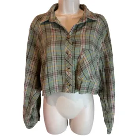Sage Green Plaid Cropped Button-Up Flannel Shirt Long Sleeve