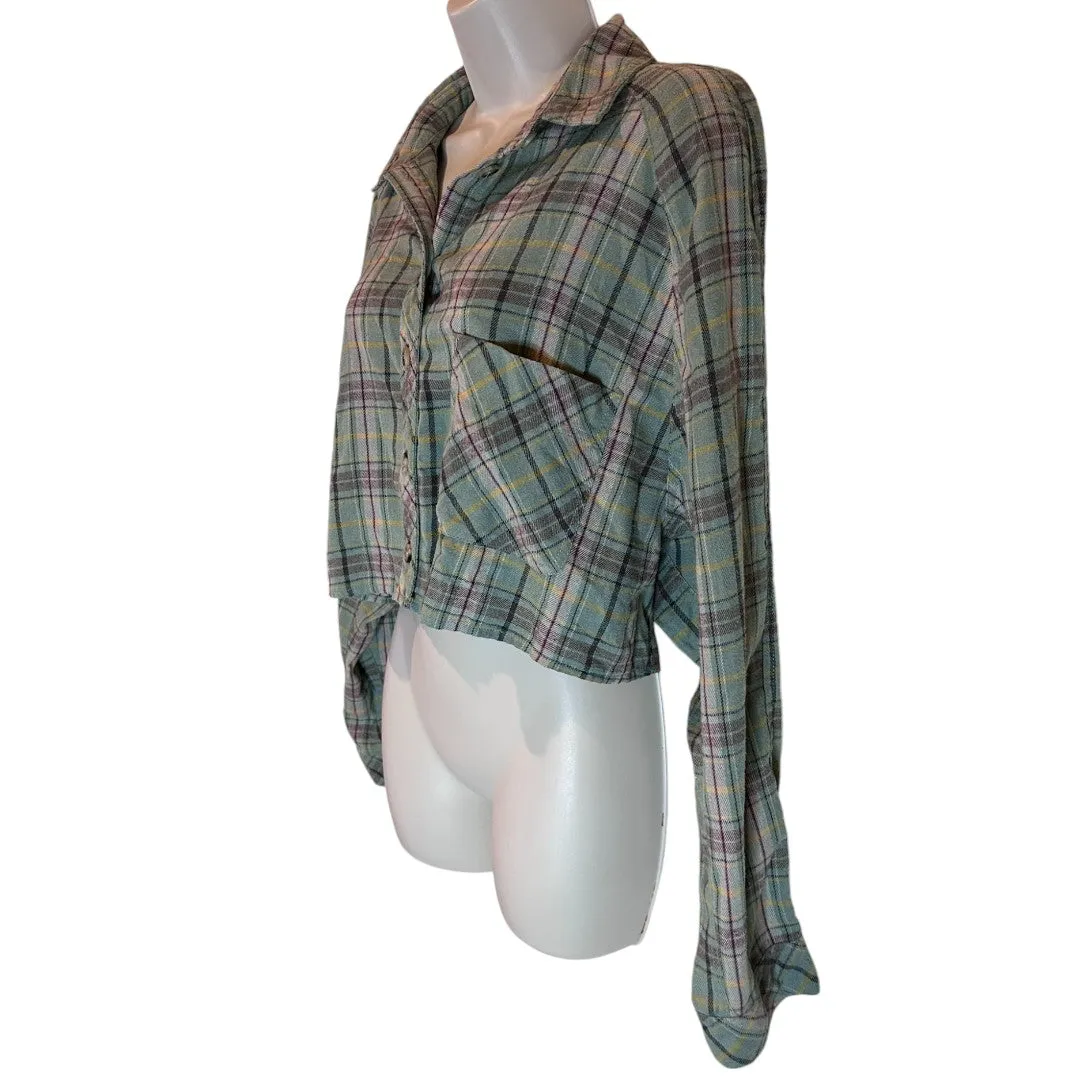 Sage Green Plaid Cropped Button-Up Flannel Shirt Long Sleeve