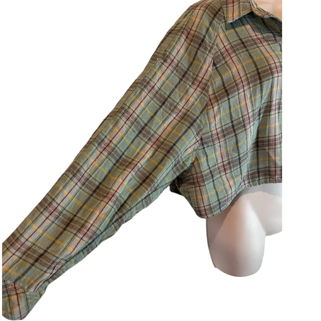 Sage Green Plaid Cropped Button-Up Flannel Shirt Long Sleeve