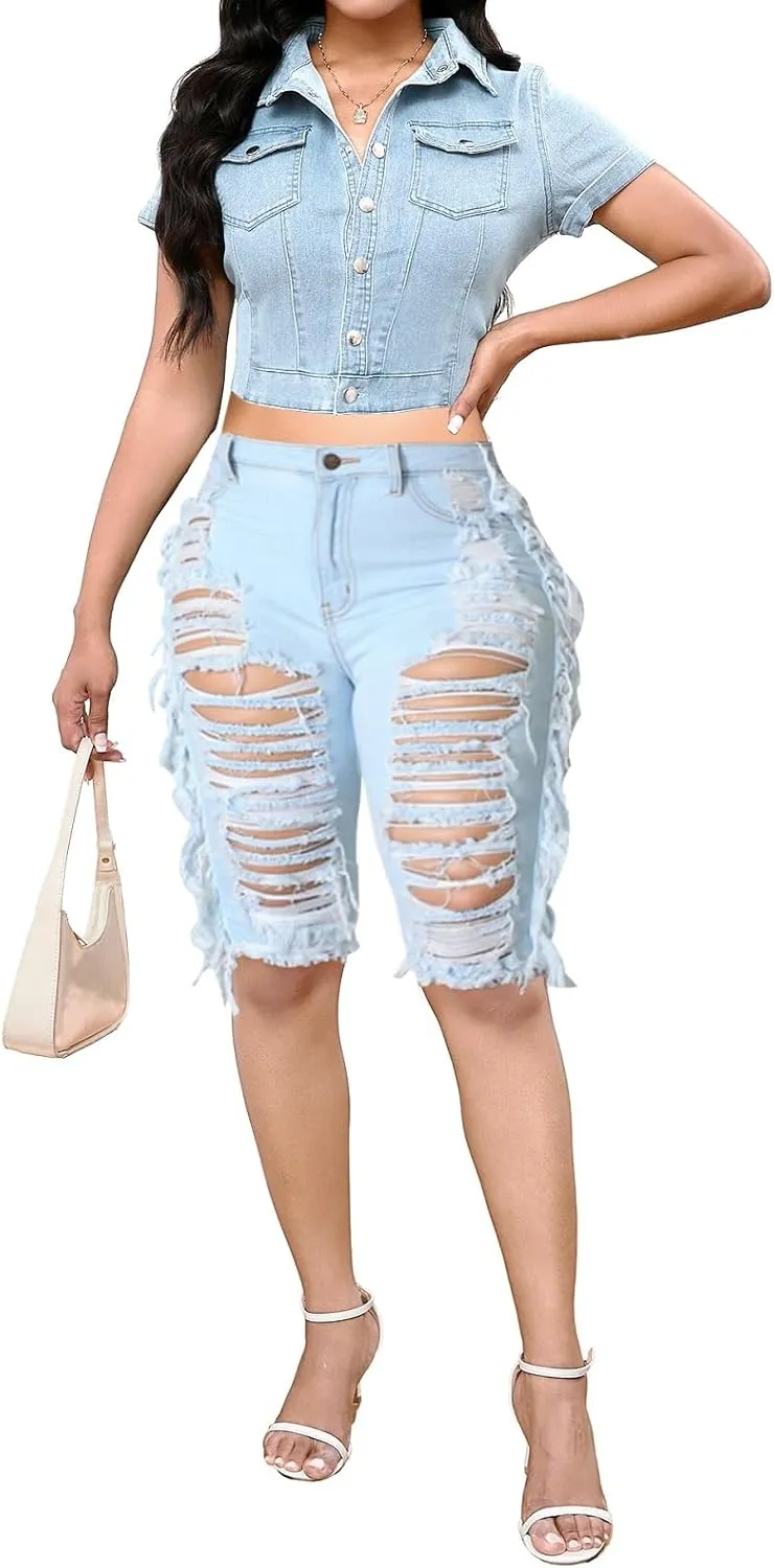 SeNight Women's Denim Shorts High Waisted Frayed Raw Hem Ripped Short Jeans