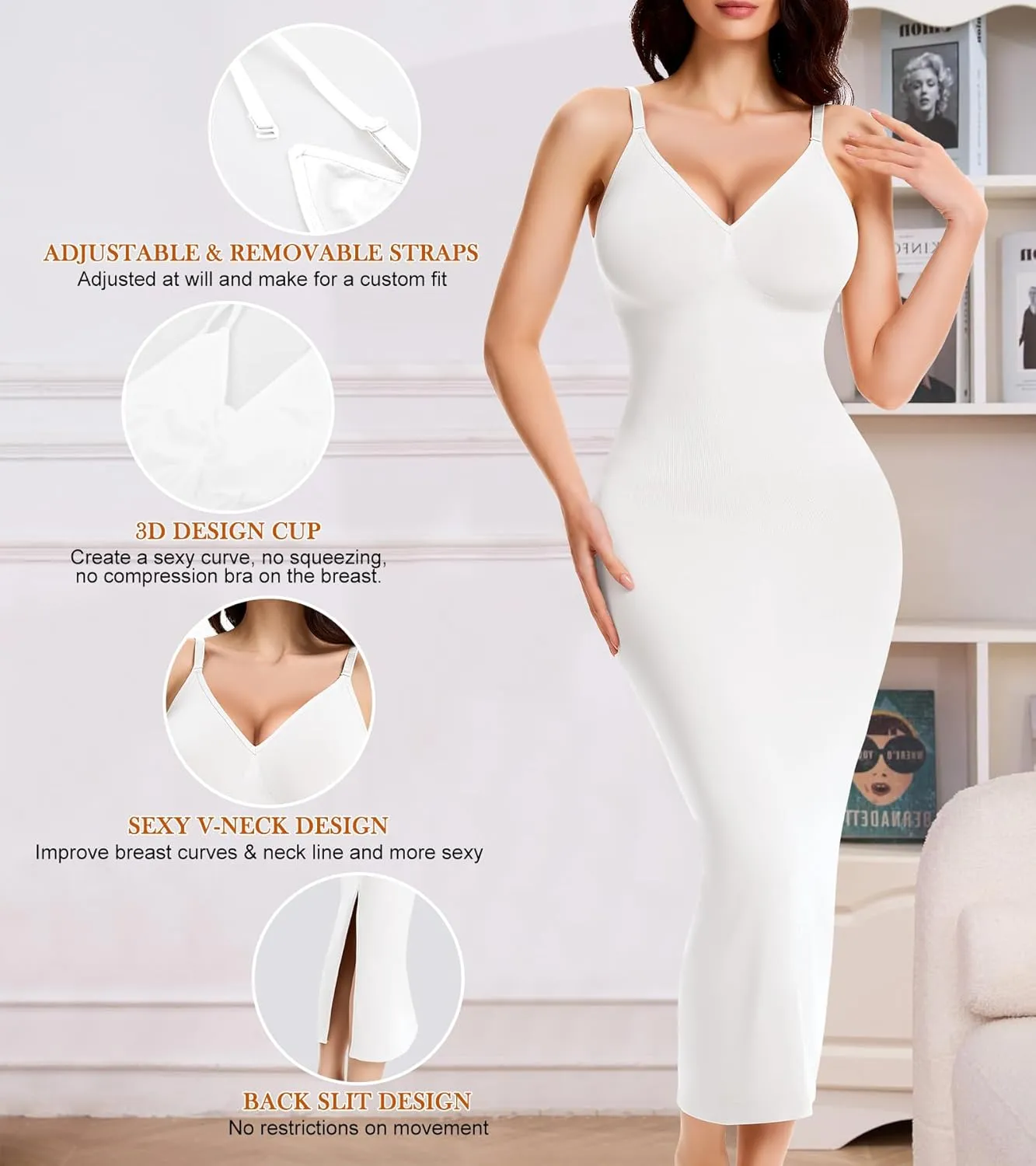 Shapewear Slips For Under Dress Deep V Neck Tummy Control Long Full Slip Dresses for Women Seamless Body Shaper