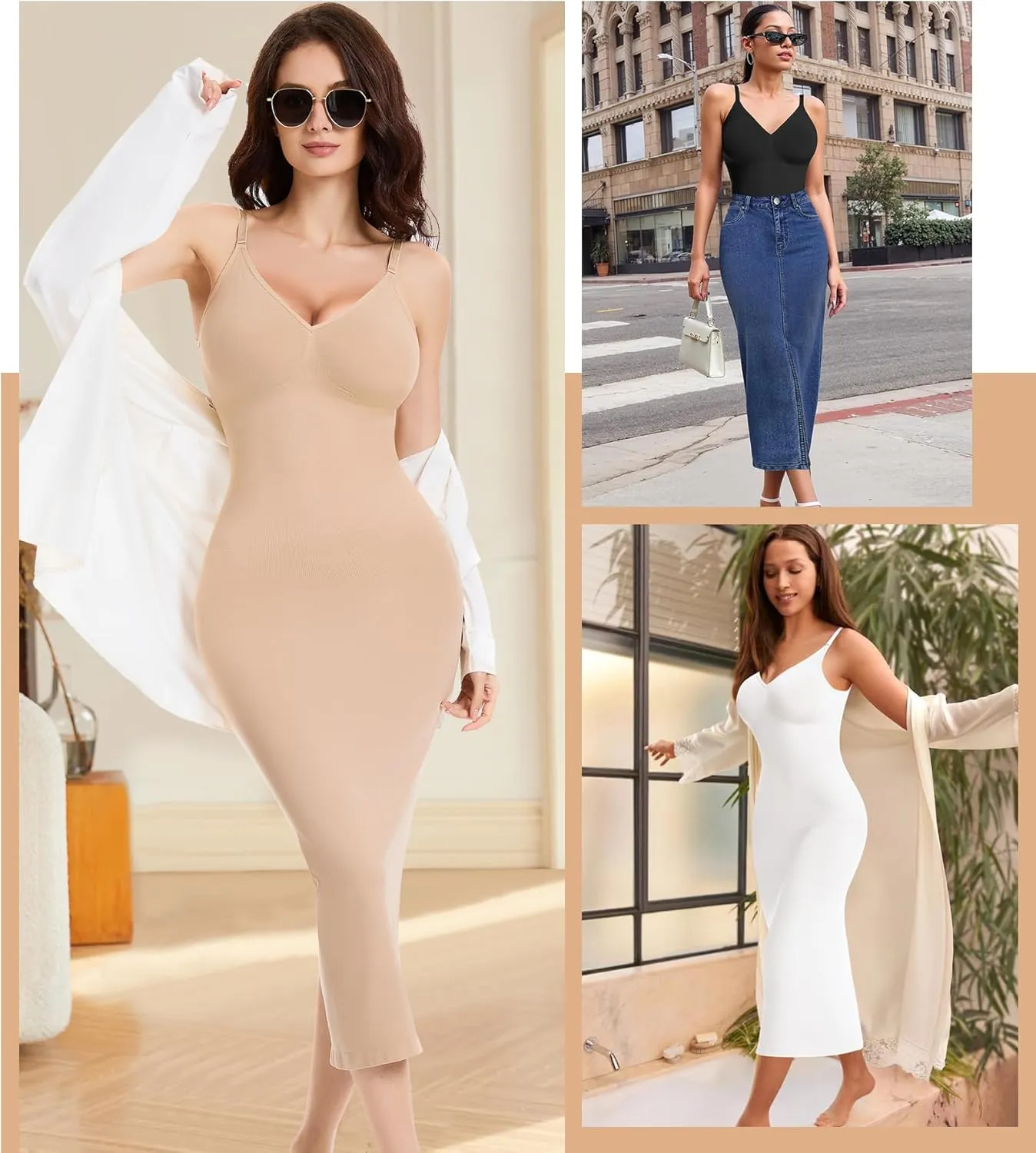 Shapewear Slips For Under Dress Deep V Neck Tummy Control Long Full Slip Dresses for Women Seamless Body Shaper