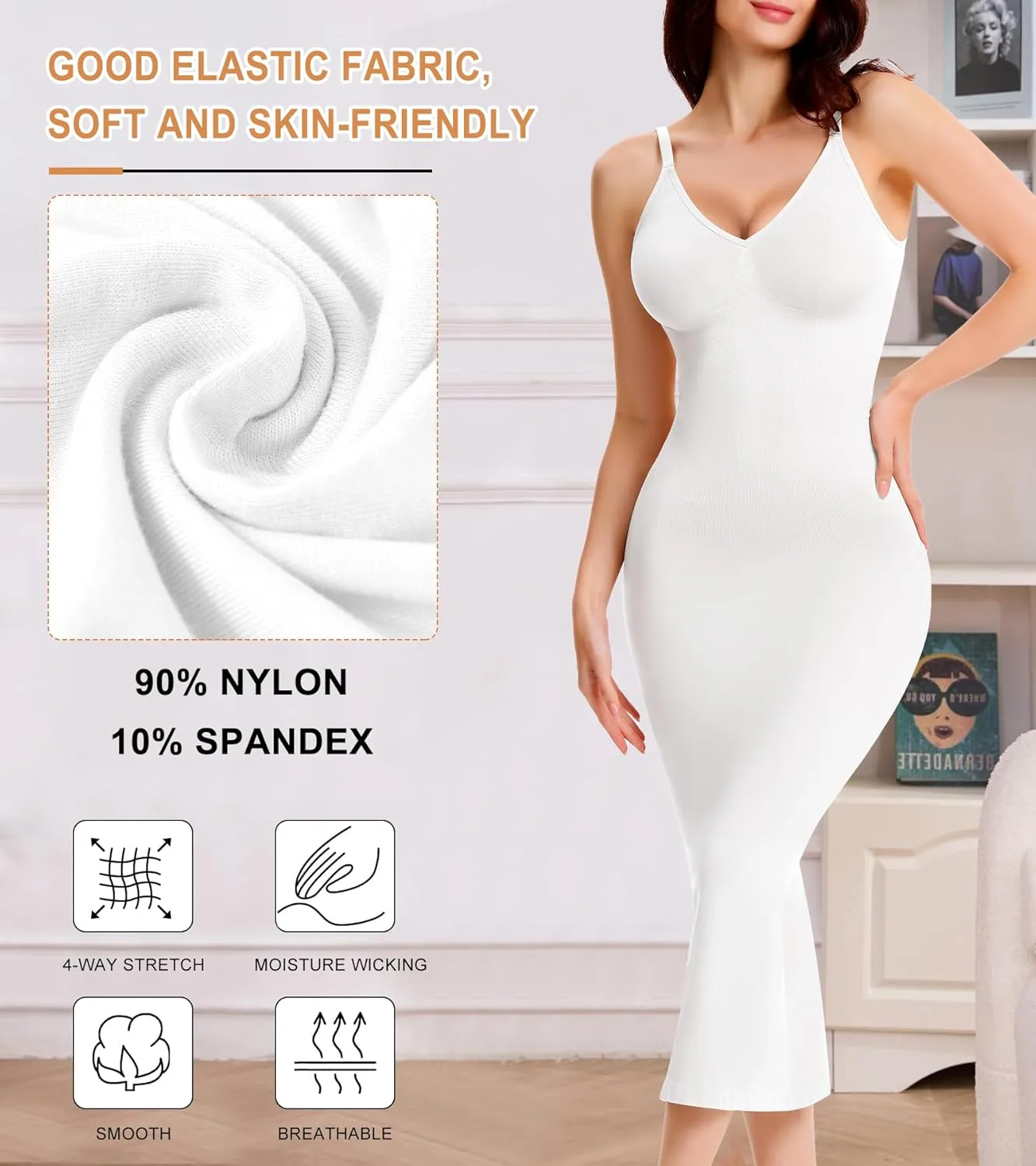 Shapewear Slips For Under Dress Deep V Neck Tummy Control Long Full Slip Dresses for Women Seamless Body Shaper
