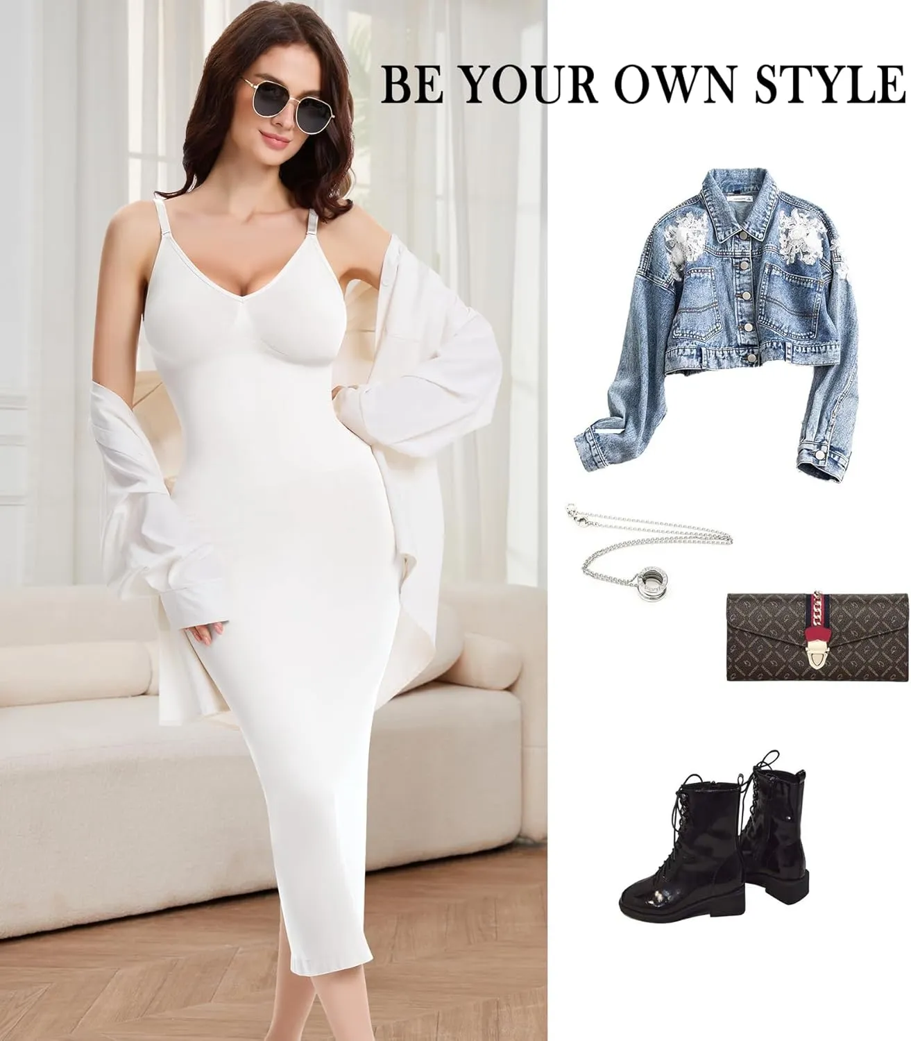 Shapewear Slips For Under Dress Deep V Neck Tummy Control Long Full Slip Dresses for Women Seamless Body Shaper