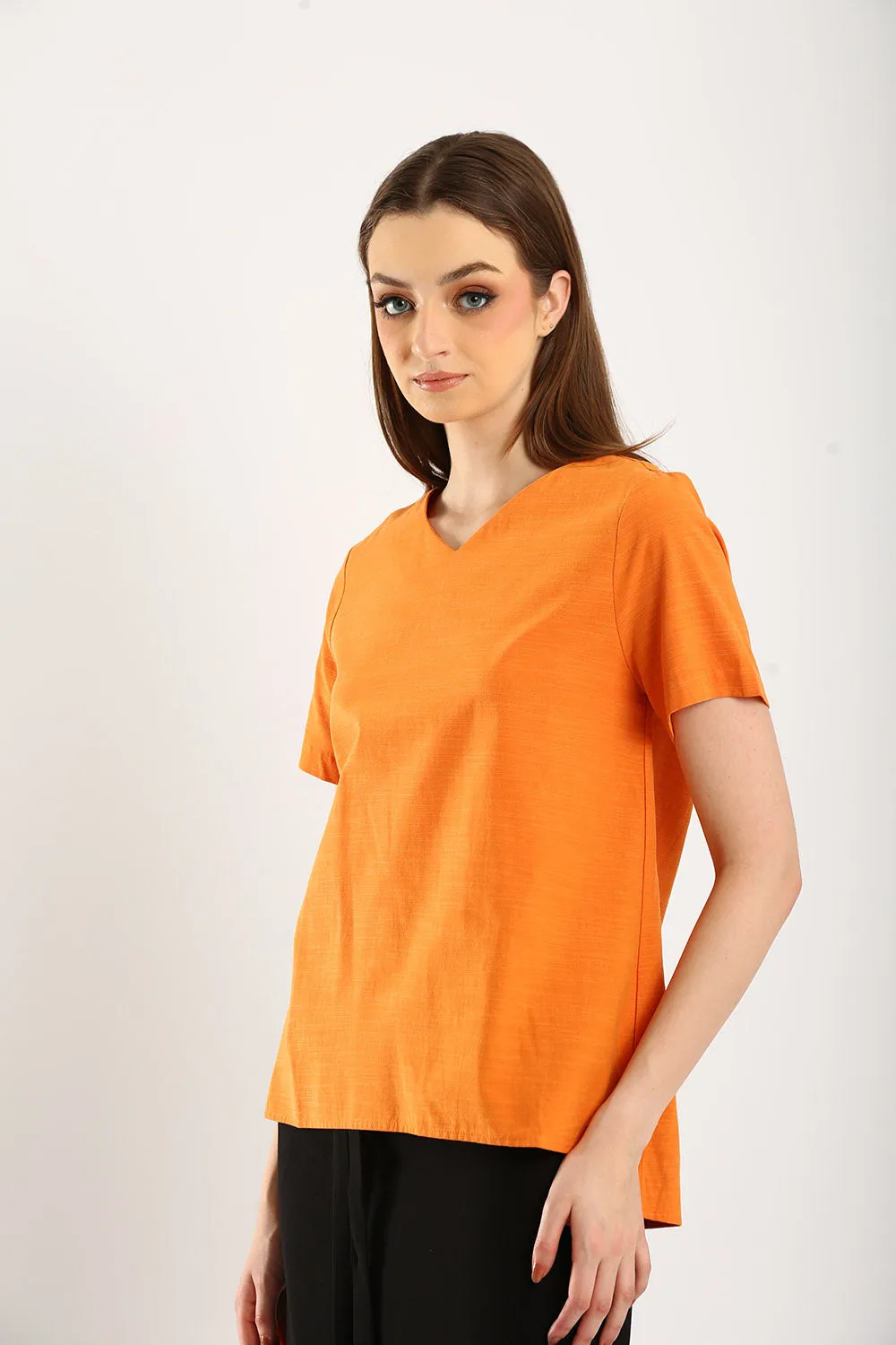 Simple Spirit V-Neck Cotton-Linen Blouse in Mandarin