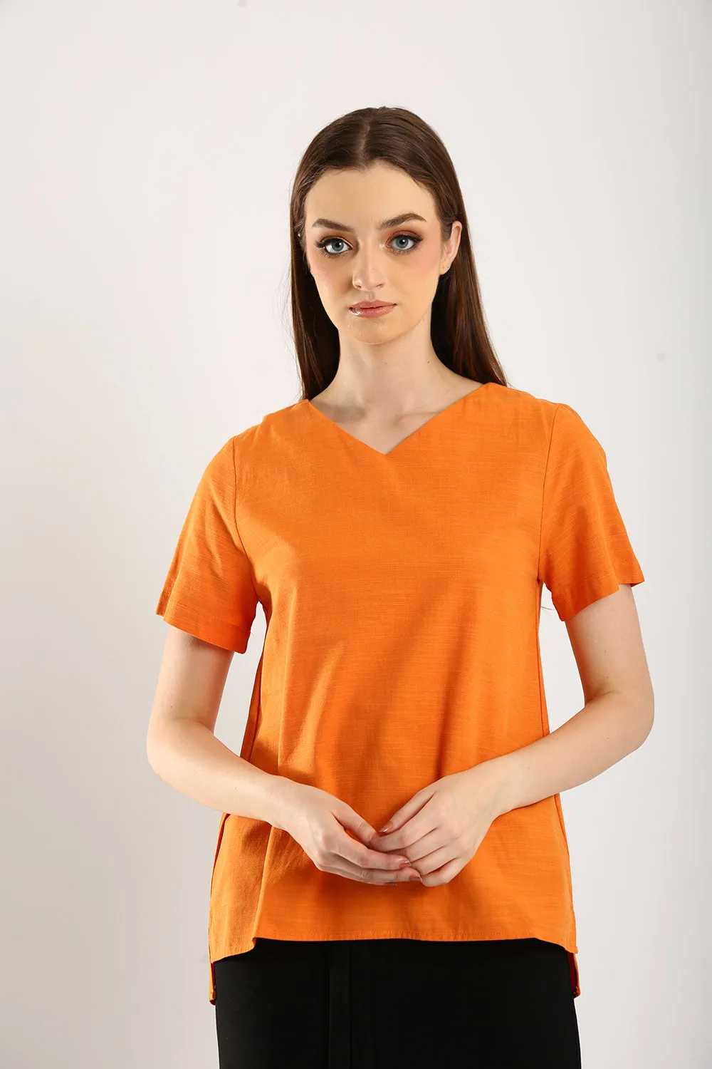 Simple Spirit V-Neck Cotton-Linen Blouse in Mandarin