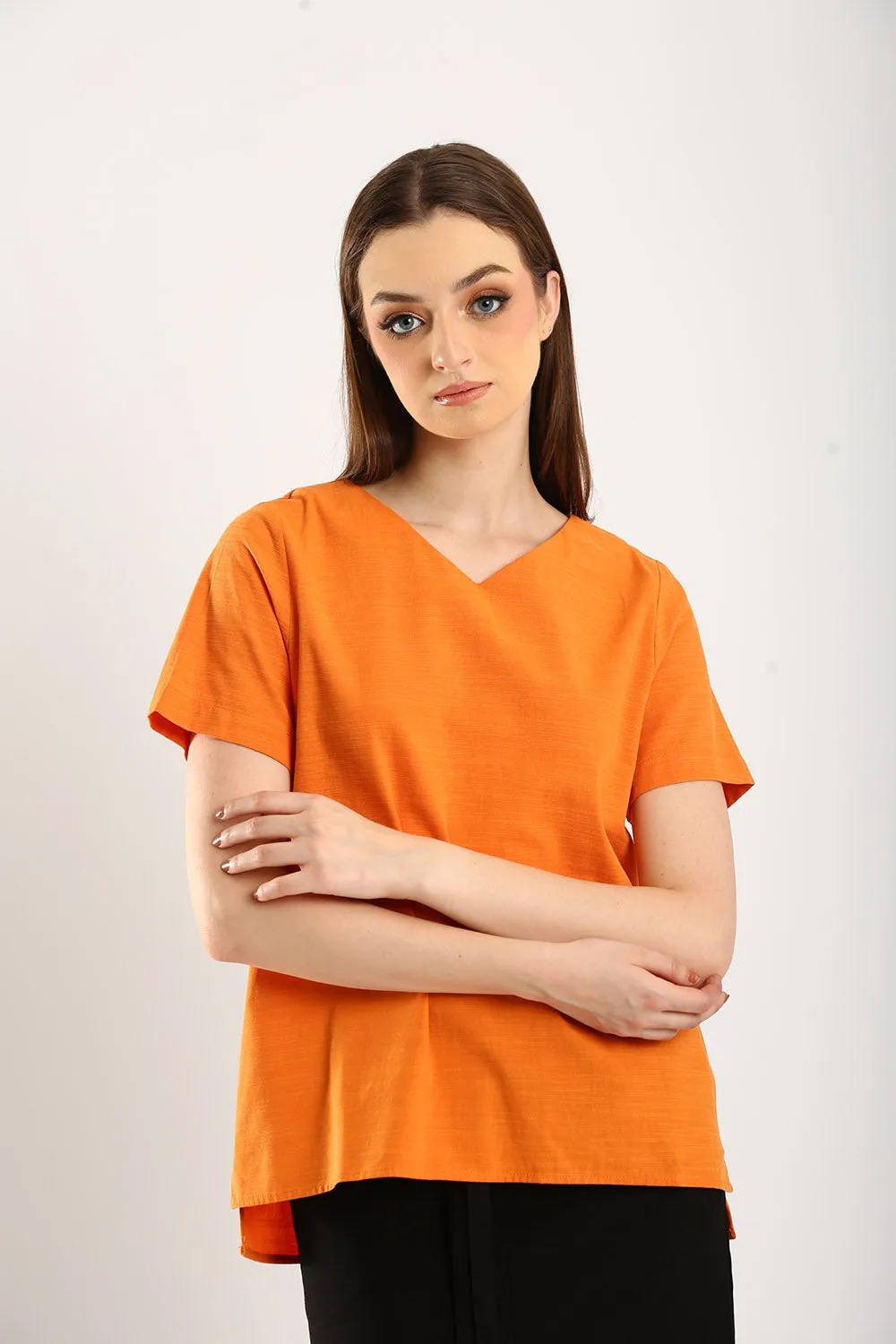 Simple Spirit V-Neck Cotton-Linen Blouse in Mandarin