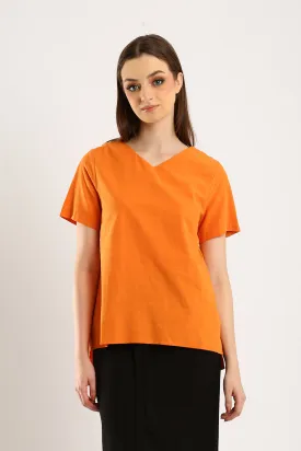 Simple Spirit V-Neck Cotton-Linen Blouse in Mandarin