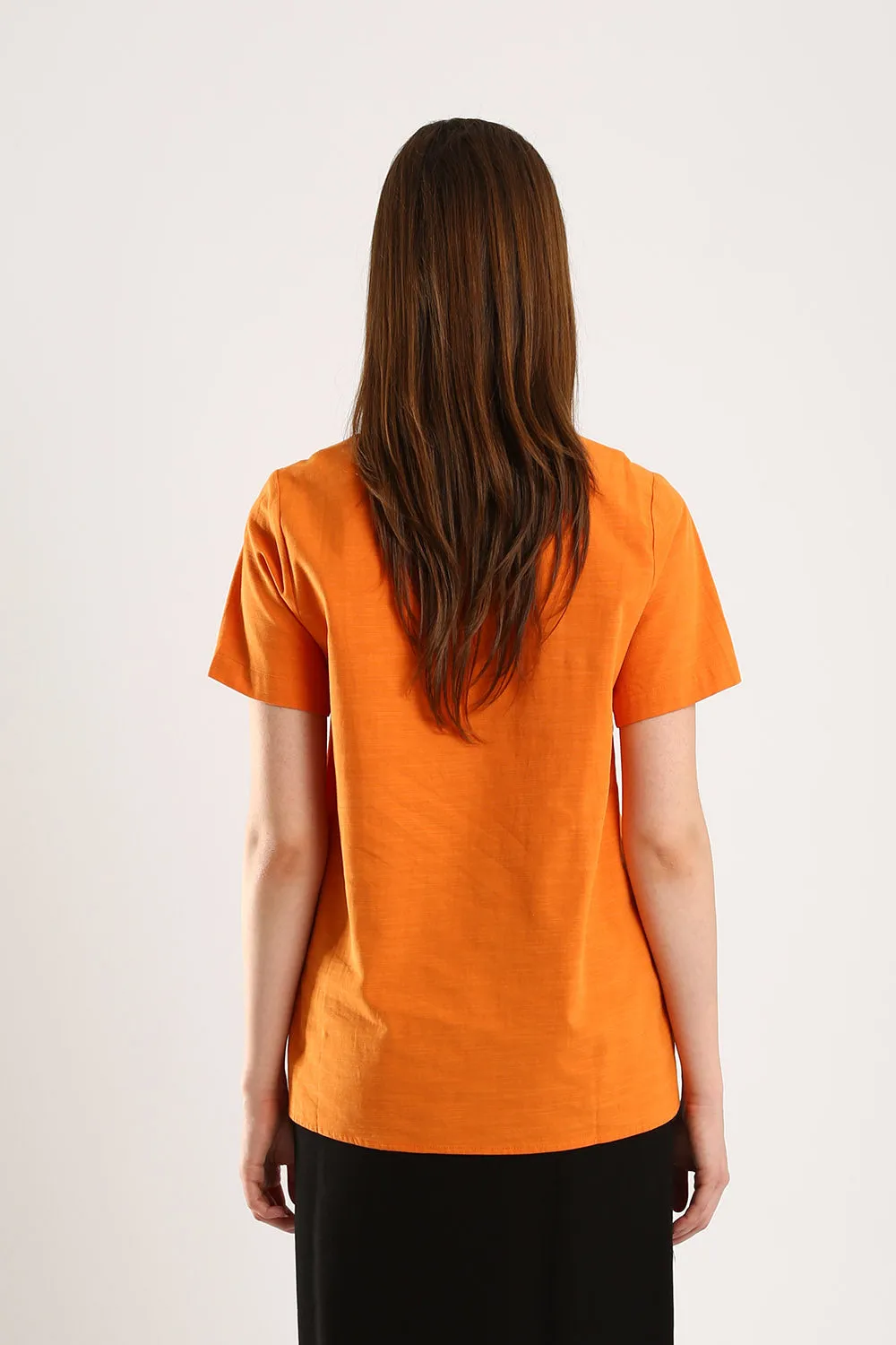 Simple Spirit V-Neck Cotton-Linen Blouse in Mandarin