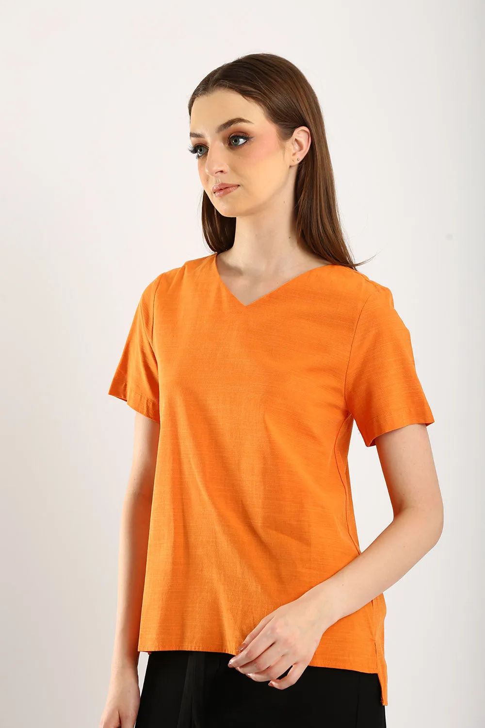 Simple Spirit V-Neck Cotton-Linen Blouse in Mandarin