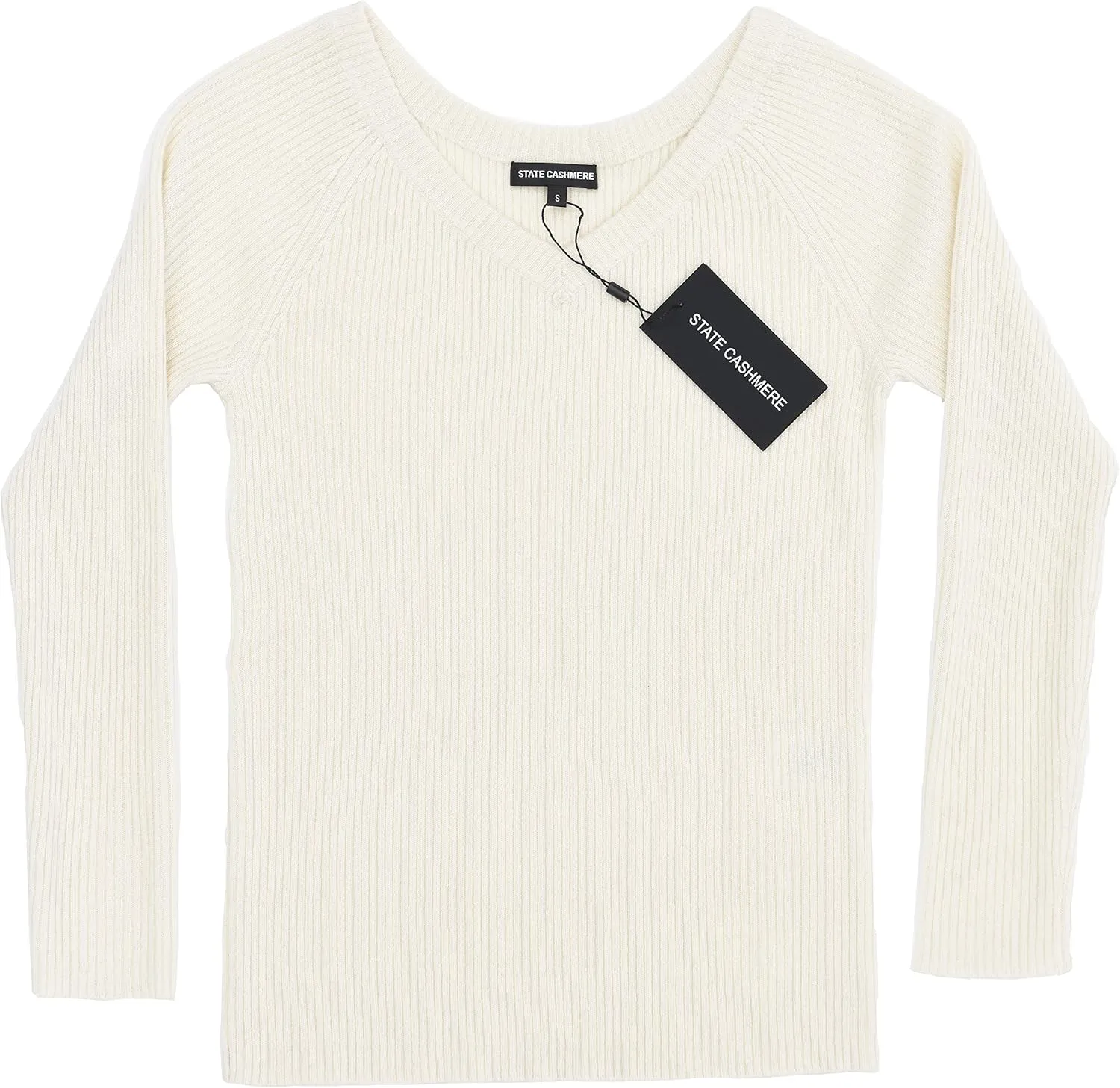State Cashmere Womens Easy V-Neck Ribbed Sweater 100% Pure Cashmere 3/4 Sleeve Pullover