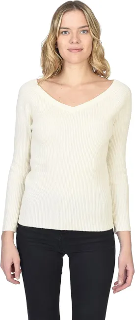 State Cashmere Womens Easy V-Neck Ribbed Sweater 100% Pure Cashmere 3/4 Sleeve Pullover