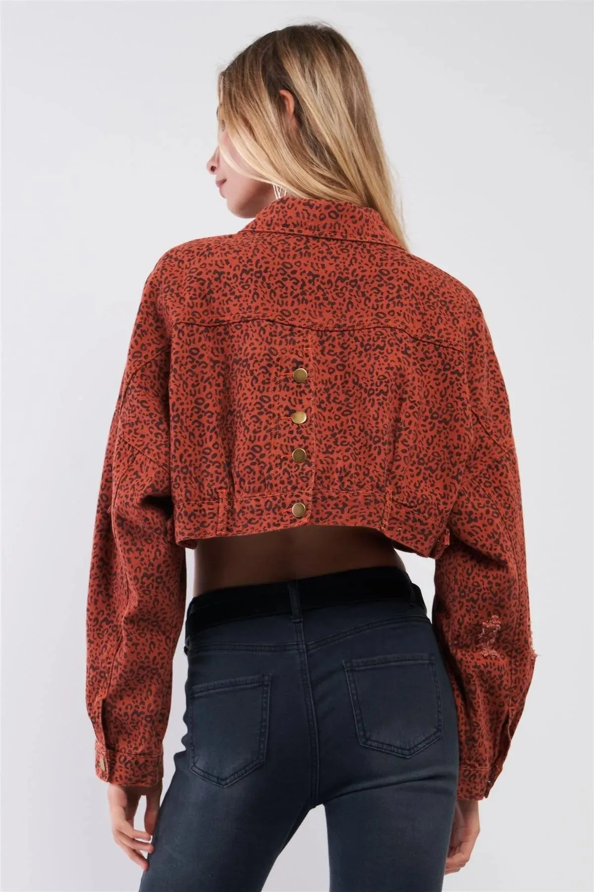Street Retro Sienna & Black Leopard Print Balloon Sleeve Distressed Crop Jacket /3-2-1