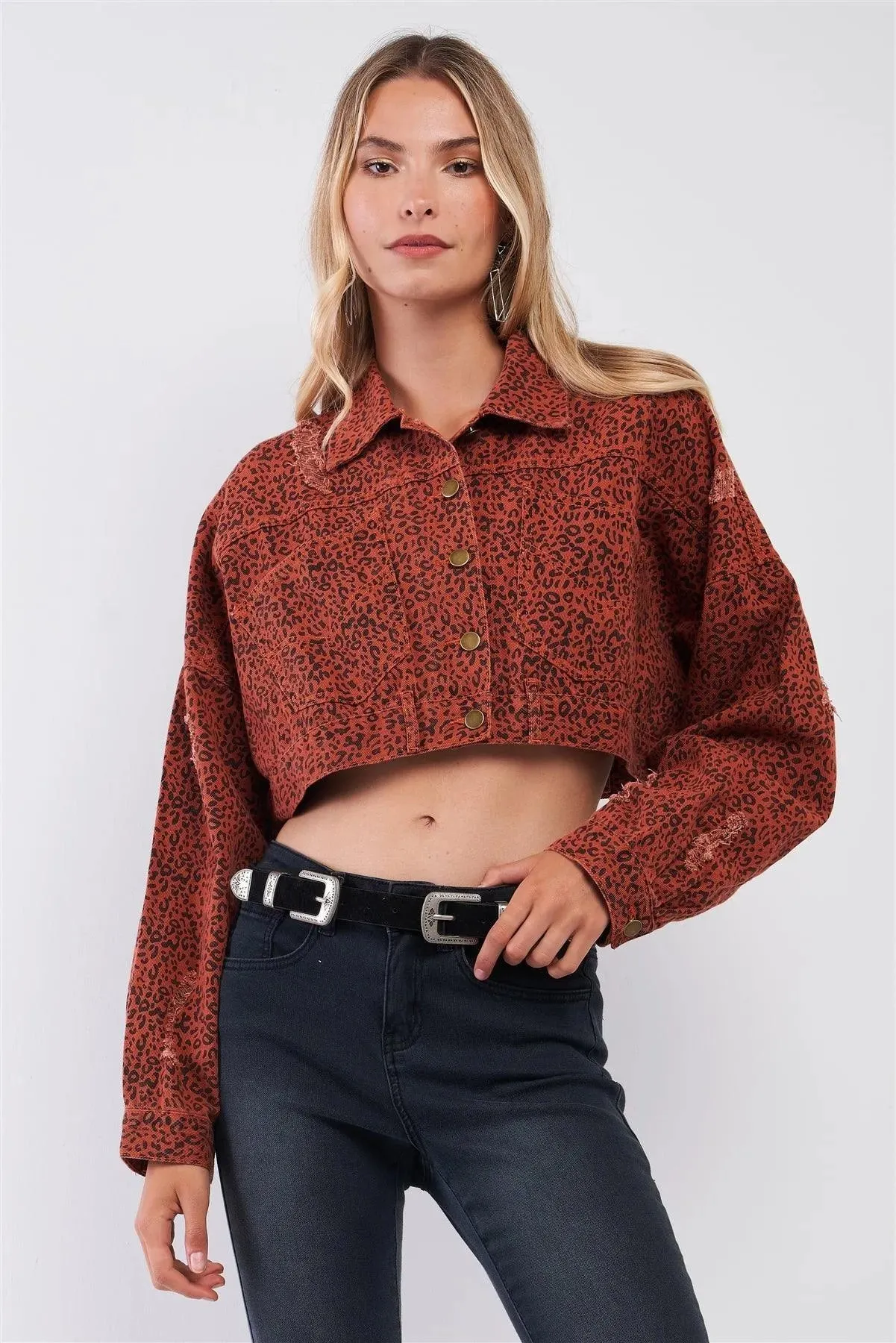 Street Retro Sienna & Black Leopard Print Balloon Sleeve Distressed Crop Jacket /3-2-1