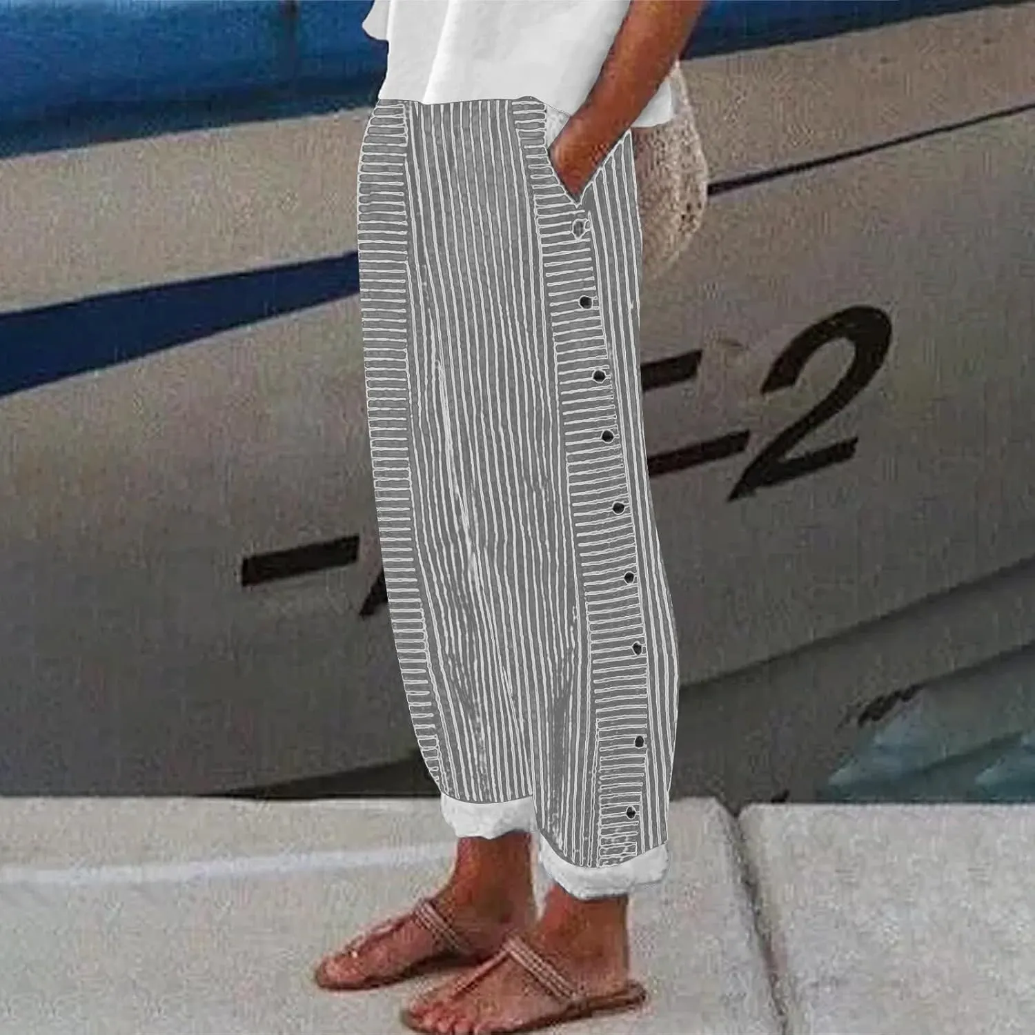 Striped Linen Pants for Women Cotton Casual Wide Leg Drawstring Elastic Waist Loose Fit Summer 2025 Straight Trousers