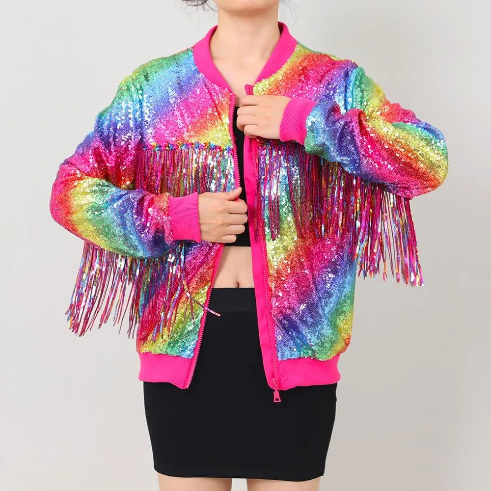 Tessel Sequin Jacket for Women Sparkly Bomber Varsity Trendy Shiny Coat Ladies Glitter Birthday Party Holiday Clothes