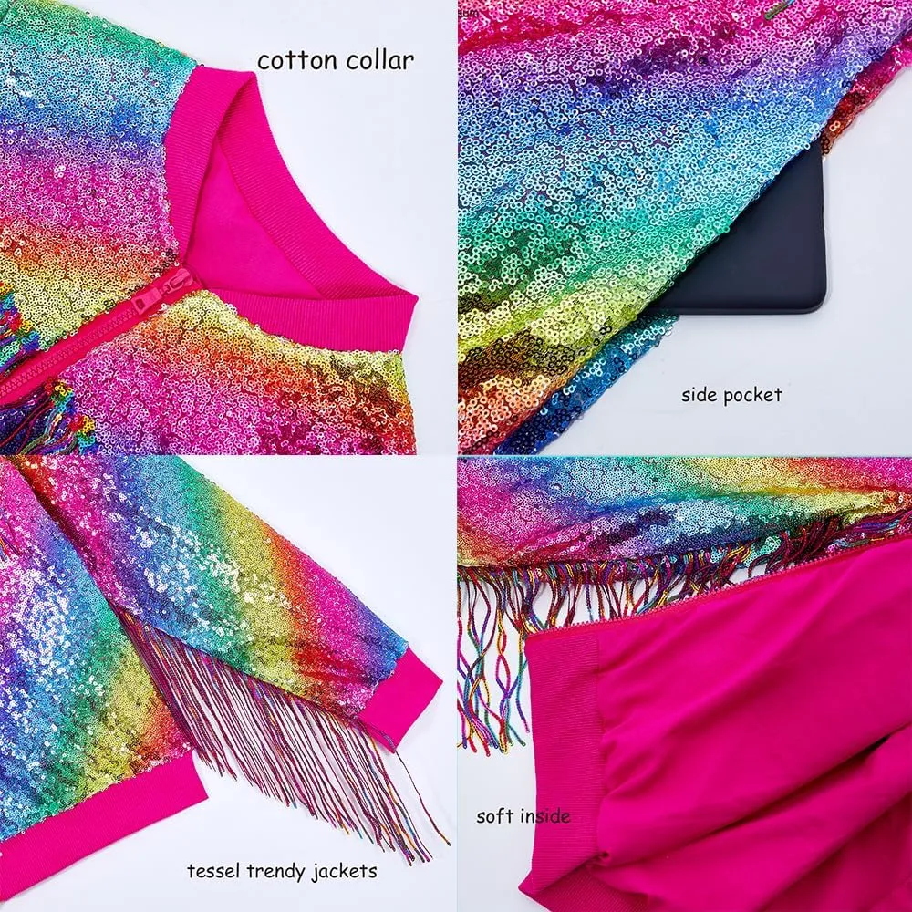 Tessel Sequin Jacket for Women Sparkly Bomber Varsity Trendy Shiny Coat Ladies Glitter Birthday Party Holiday Clothes