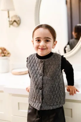 Toddler Girls Black & Off-White Quilted Stripe Reversible Polka Dot Velvet Button Up Vest /1-1-2-2