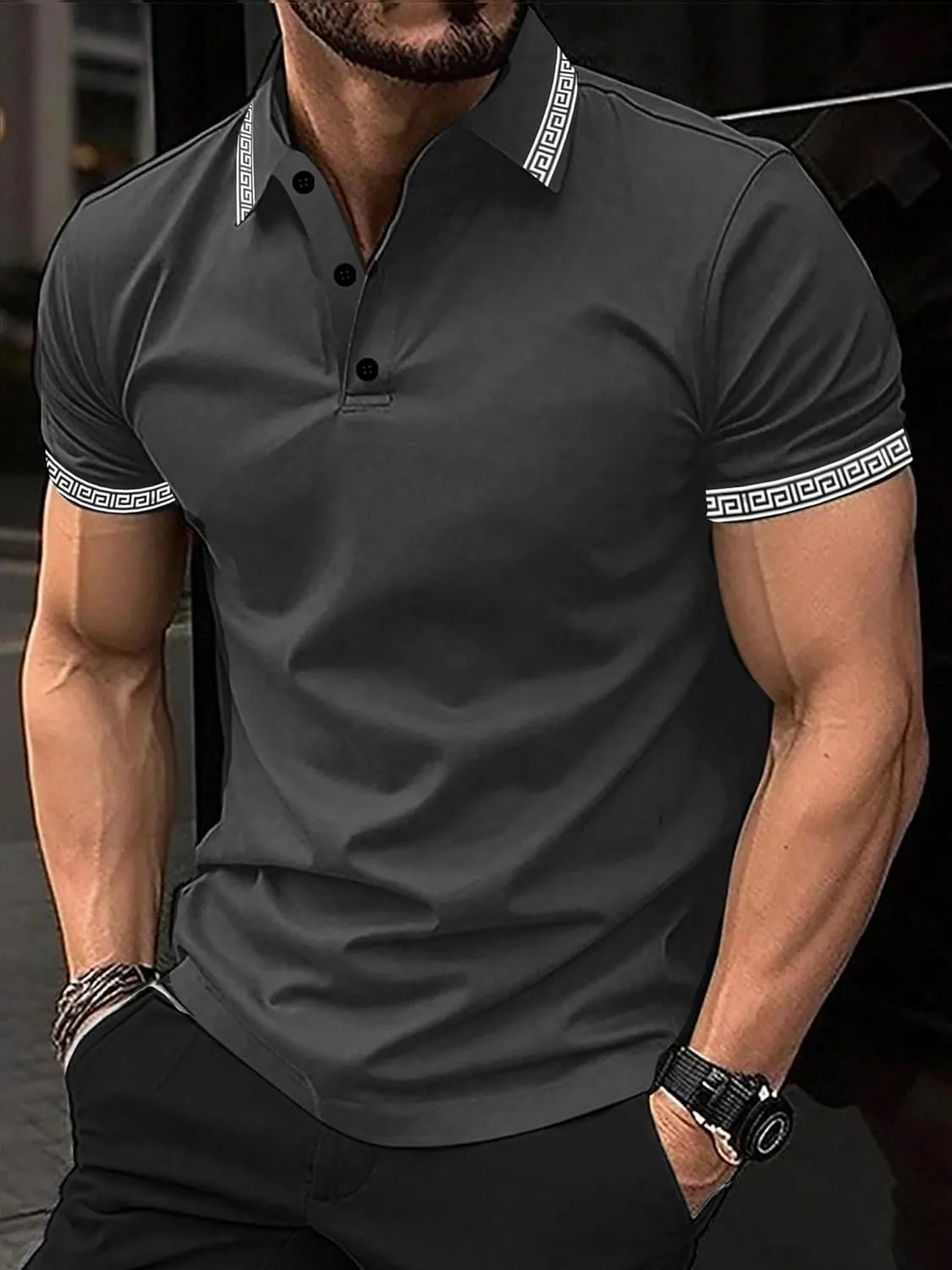 UOUA Mens Casual Polo Shirts Classic Short Sleeve Collared T Shirt Button Golf Slim Fit Tee Tops