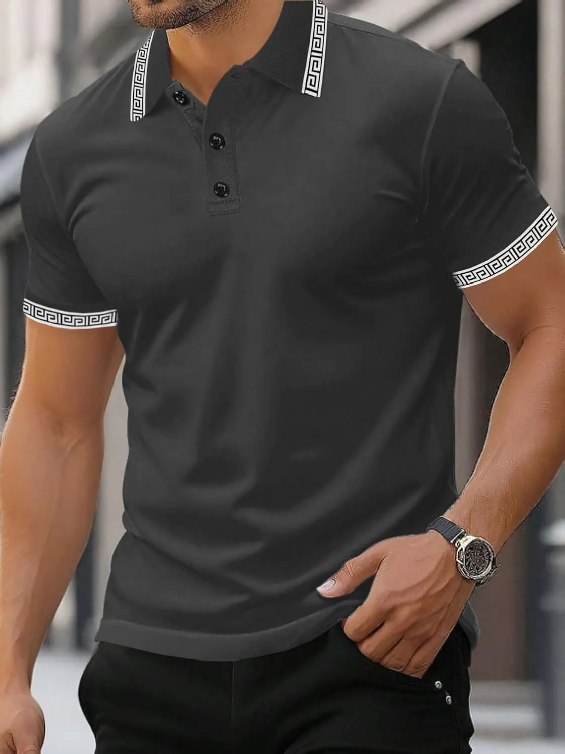 UOUA Mens Casual Polo Shirts Classic Short Sleeve Collared T Shirt Button Golf Slim Fit Tee Tops