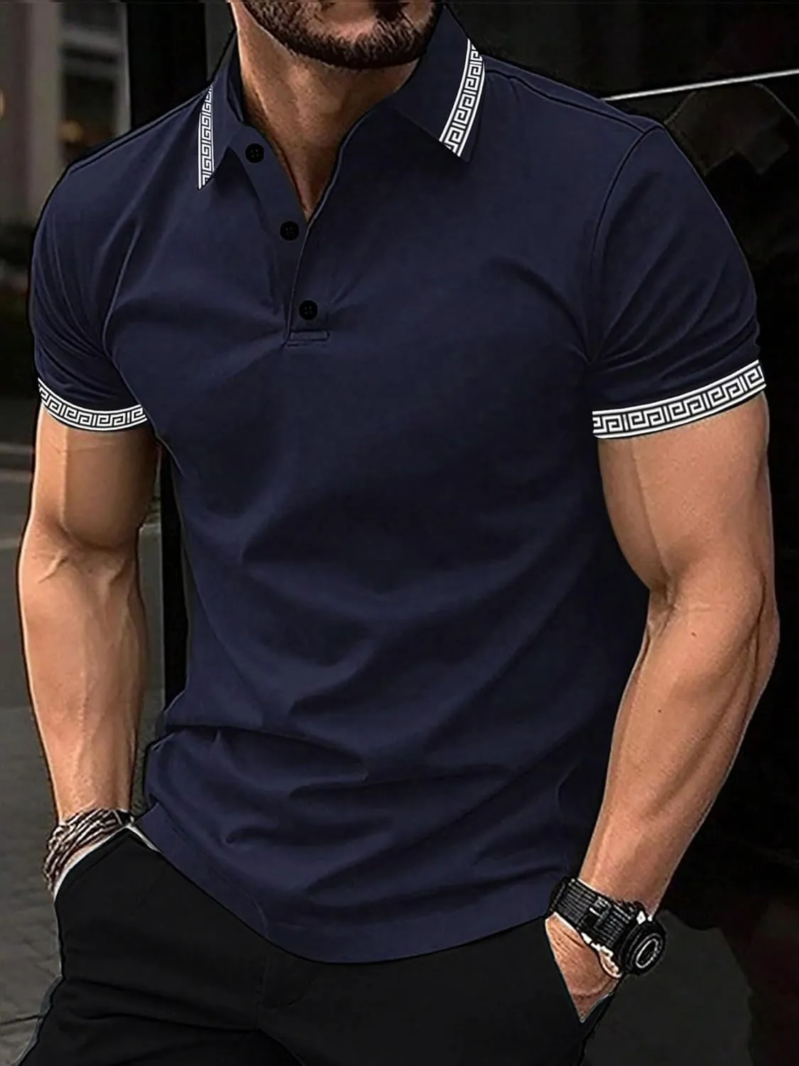 UOUA Mens Casual Polo Shirts Classic Short Sleeve Collared T Shirt Button Golf Slim Fit Tee Tops