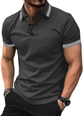 UOUA Mens Casual Polo Shirts Classic Short Sleeve Collared T Shirt Button Golf Slim Fit Tee Tops