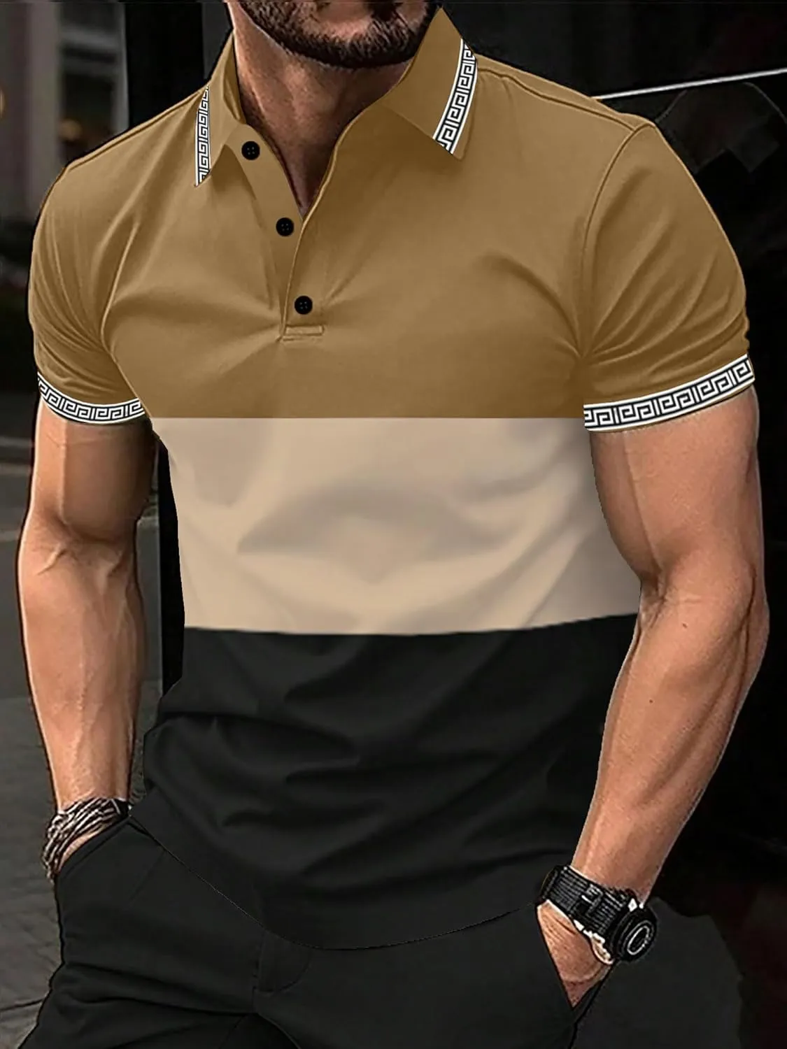 UOUA Mens Casual Polo Shirts Classic Short Sleeve Collared T Shirt Button Golf Slim Fit Tee Tops