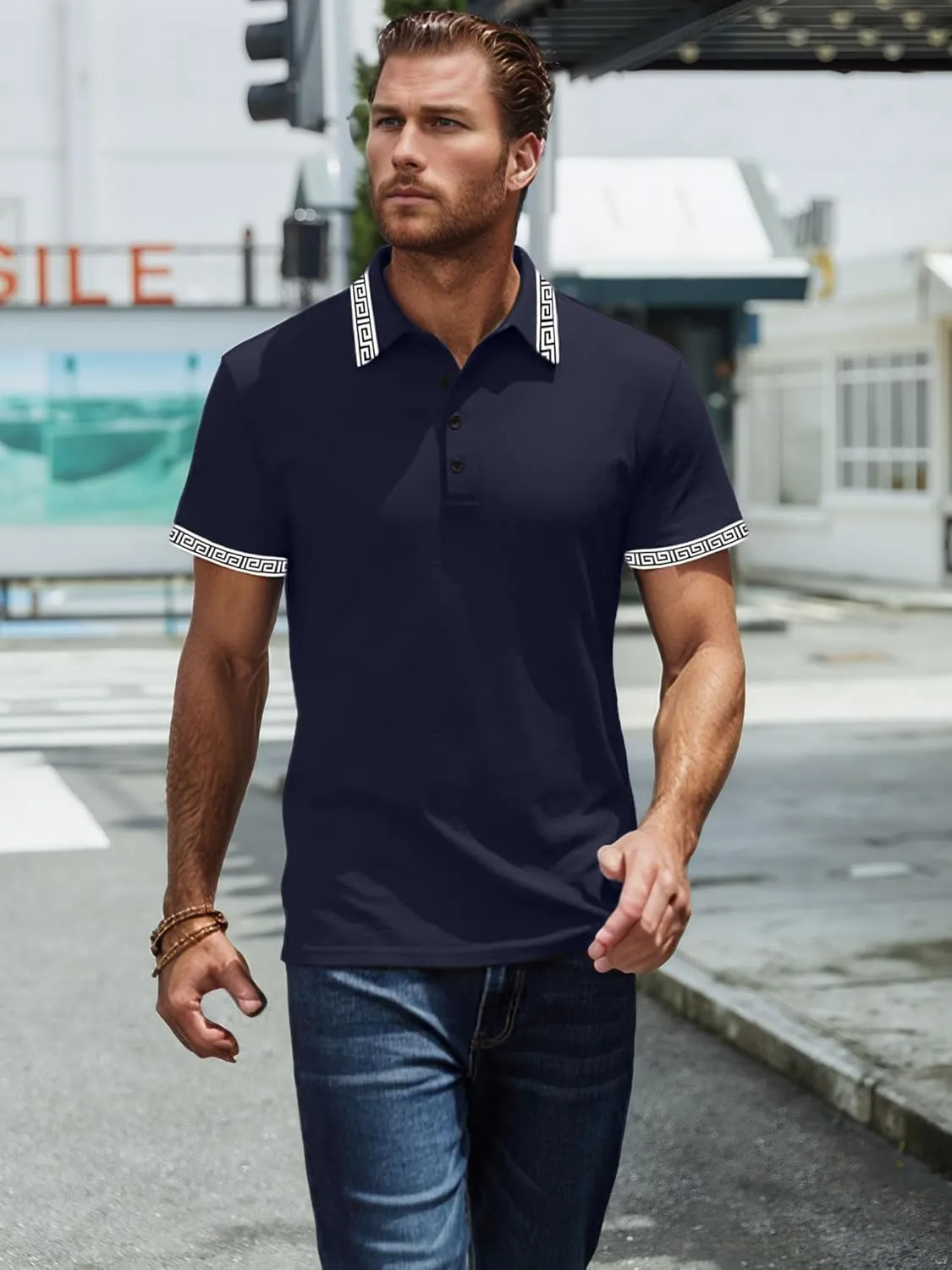 UOUA Mens Casual Polo Shirts Classic Short Sleeve Collared T Shirt Button Golf Slim Fit Tee Tops