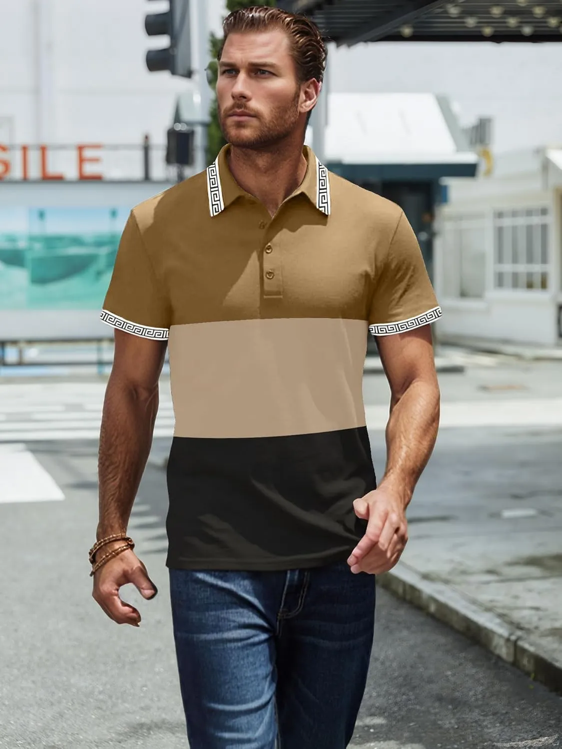 UOUA Mens Casual Polo Shirts Classic Short Sleeve Collared T Shirt Button Golf Slim Fit Tee Tops