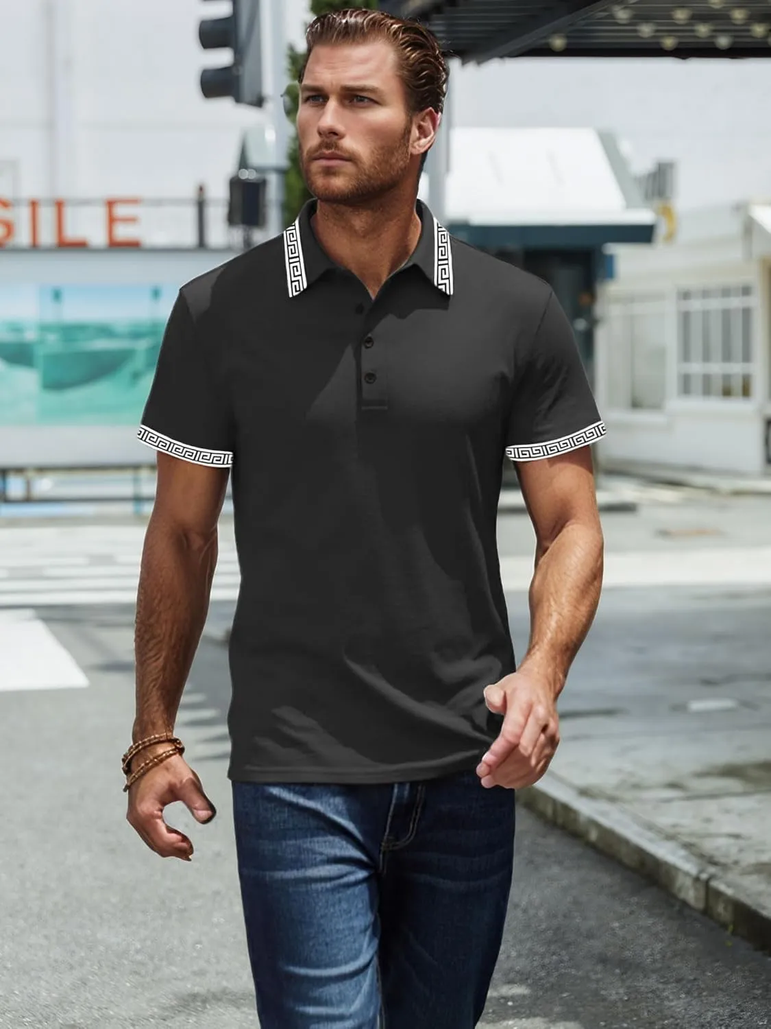 UOUA Mens Casual Polo Shirts Classic Short Sleeve Collared T Shirt Button Golf Slim Fit Tee Tops