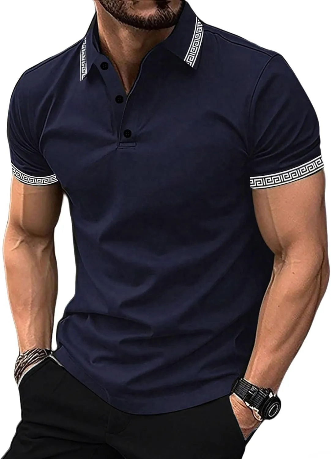 UOUA Mens Casual Polo Shirts Classic Short Sleeve Collared T Shirt Button Golf Slim Fit Tee Tops