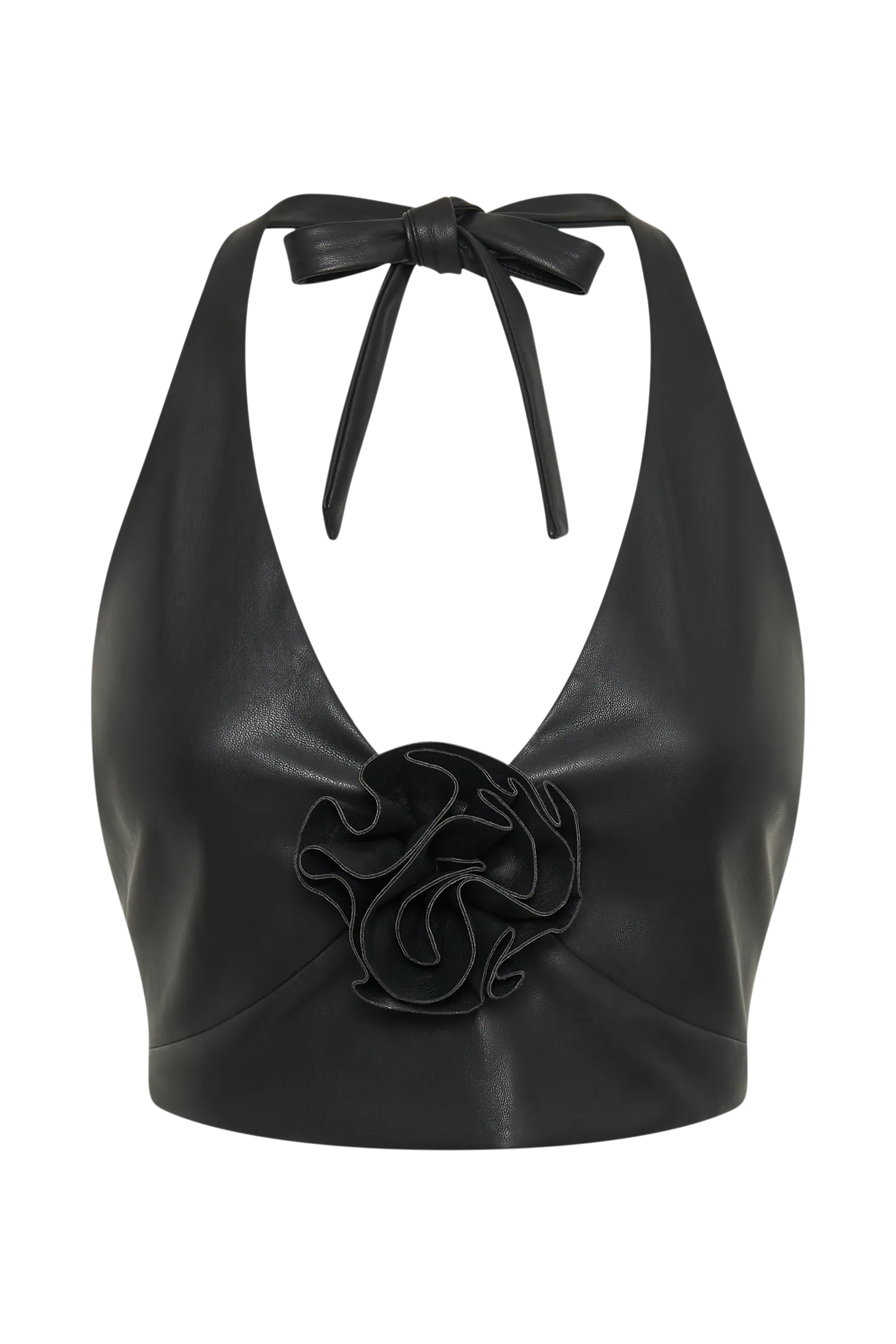 Ursla Faux Leather Rose Halter Top - Black
