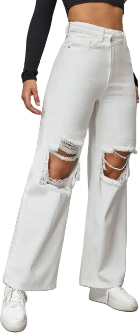 WDIRARA Women's Ripped Baggy Jeans High Waist Straight Leg Denim Pants