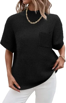 Women 2024 Sweater Vest Mock Neck Batwing Short Sleeve Oversized Ribbed Knit Tops Fall Pullover Sweater S-XXL