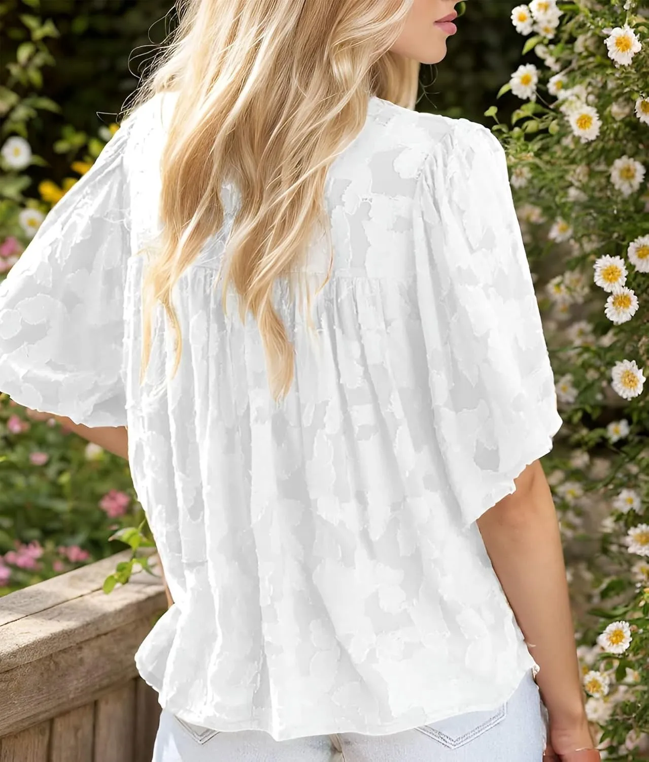 Women 3/4 Bell Sleeve Tops Boho Floral Blouses Crewneck Lace Babydoll Summer Shirts with Keyhole Back