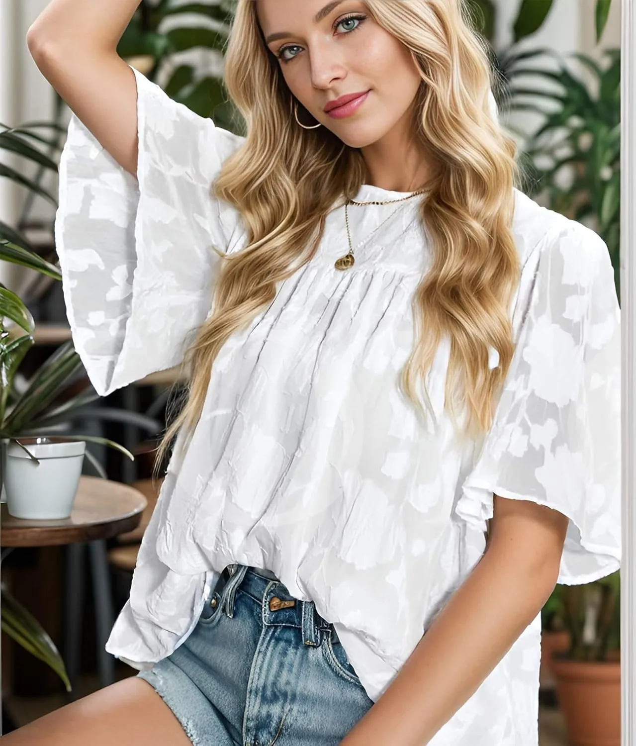 Women 3/4 Bell Sleeve Tops Boho Floral Blouses Crewneck Lace Babydoll Summer Shirts with Keyhole Back
