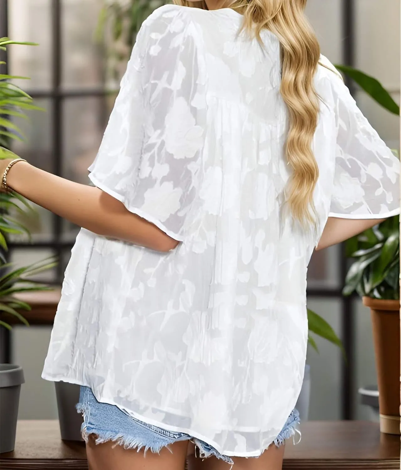 Women 3/4 Bell Sleeve Tops Boho Floral Blouses Crewneck Lace Babydoll Summer Shirts with Keyhole Back