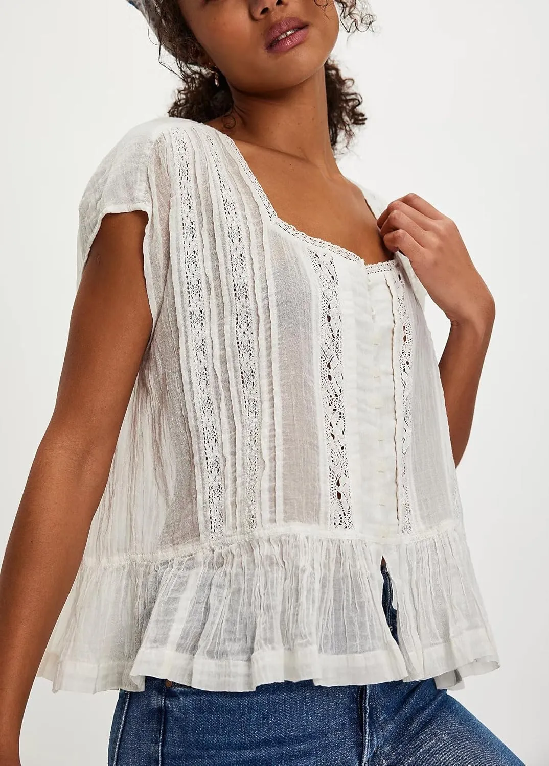 Women Ruffle Bow Tie Babydoll Tops Boho Lace Sheer Flowy Peasant Blouses Y2k Short Sleeve Eyelet Peplum Crop Shirts