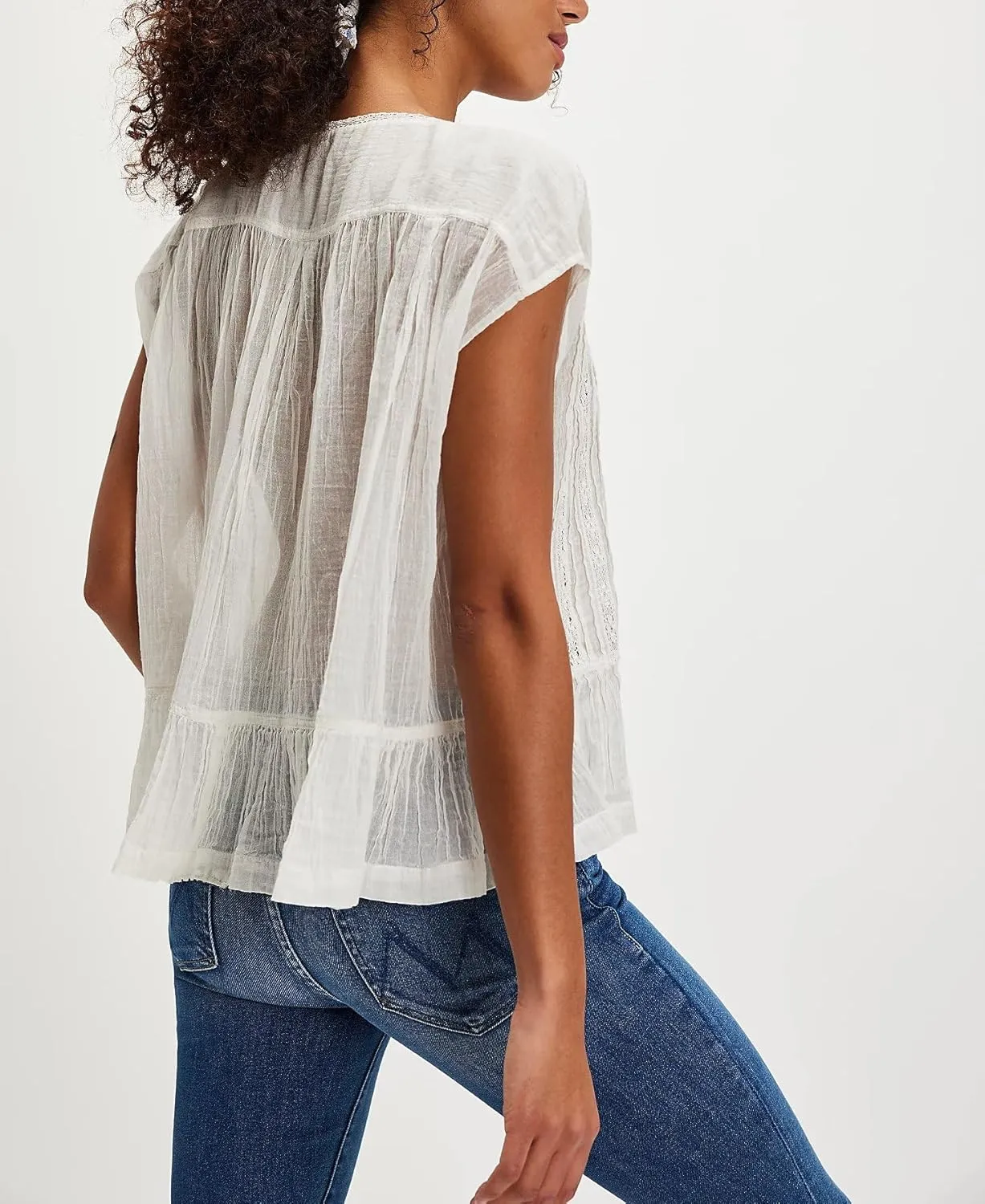 Women Ruffle Bow Tie Babydoll Tops Boho Lace Sheer Flowy Peasant Blouses Y2k Short Sleeve Eyelet Peplum Crop Shirts