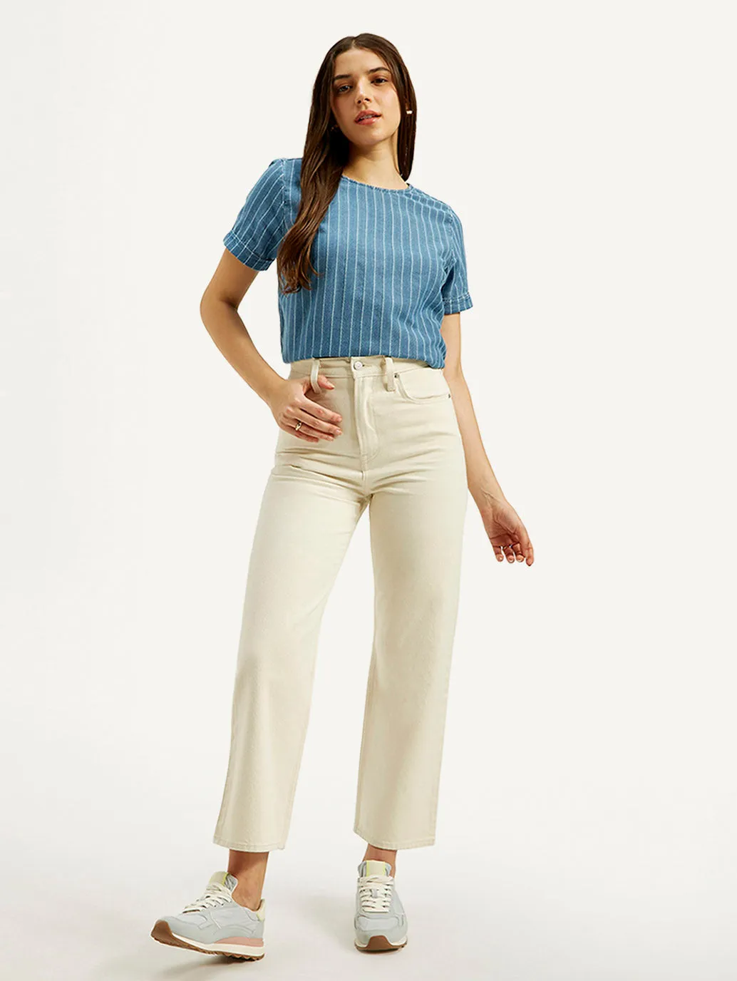 Women's High Rise Straight Fit Cream Jeans