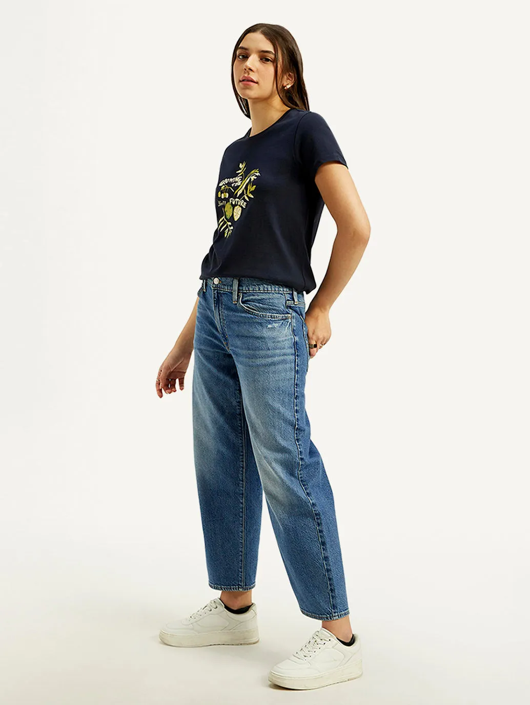 Women's Mid Rise Loose Fit Blue Jeans