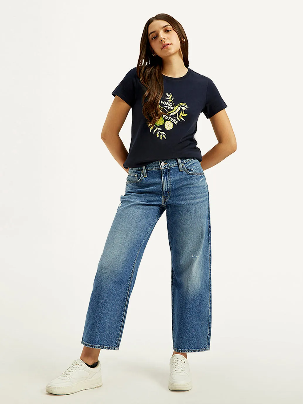 Women's Mid Rise Loose Fit Blue Jeans