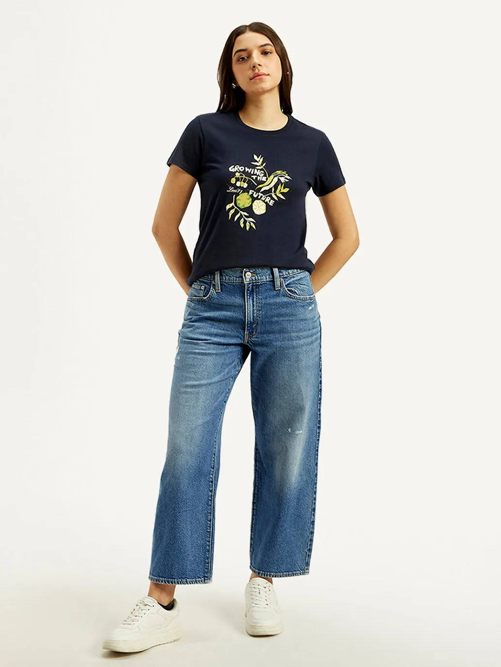 Women's Mid Rise Loose Fit Blue Jeans