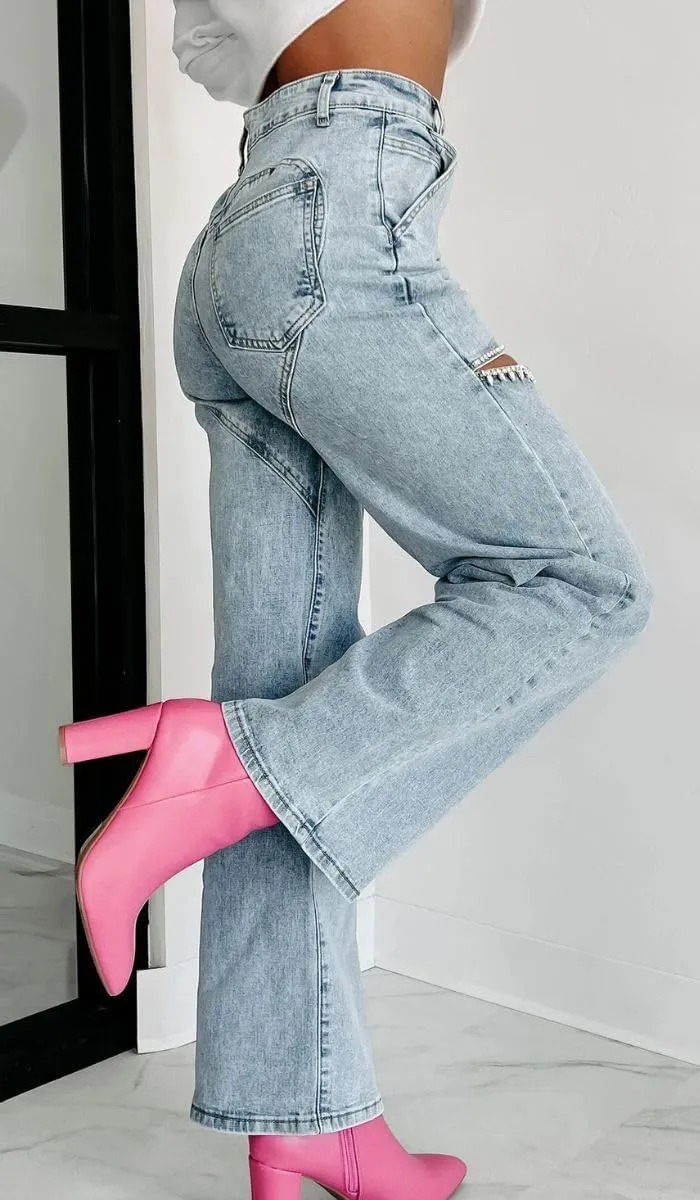 Women's Straight Legs Ripped Jeans Summer Casual Baggy High Waisted Distressed Cutout Rhinestone Denim Long Pants