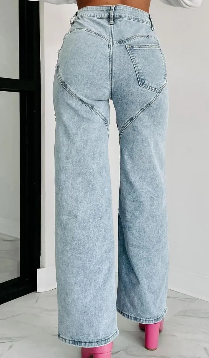 Women's Straight Legs Ripped Jeans Summer Casual Baggy High Waisted Distressed Cutout Rhinestone Denim Long Pants