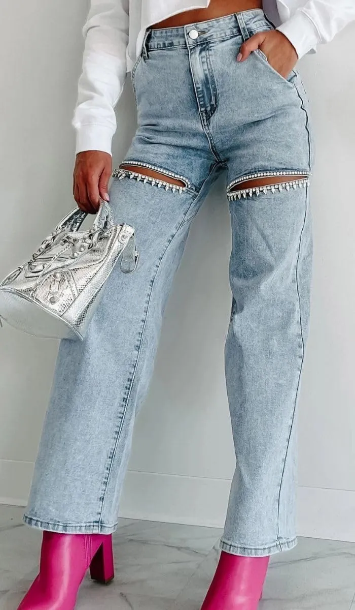 Women's Straight Legs Ripped Jeans Summer Casual Baggy High Waisted Distressed Cutout Rhinestone Denim Long Pants