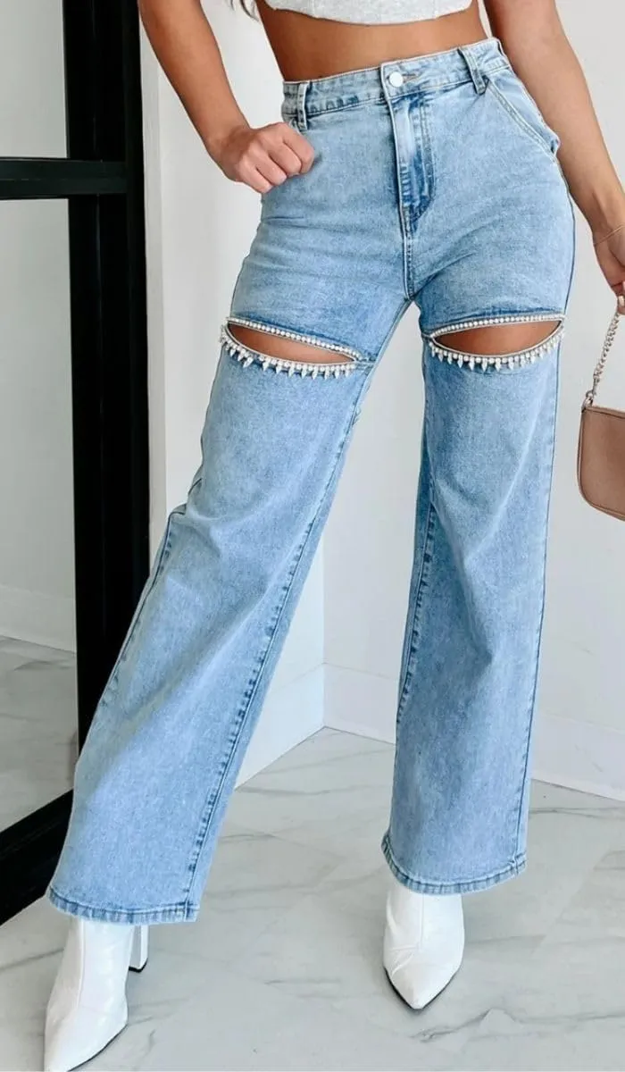 Women's Straight Legs Ripped Jeans Summer Casual Baggy High Waisted Distressed Cutout Rhinestone Denim Long Pants