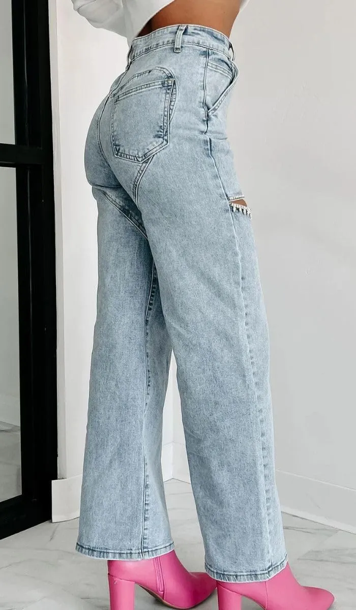 Women's Straight Legs Ripped Jeans Summer Casual Baggy High Waisted Distressed Cutout Rhinestone Denim Long Pants